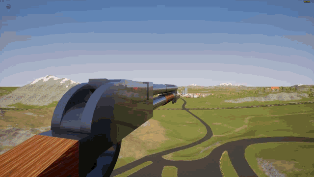 a screenshot of a video game with a shotgun in the foreground and mountains in the background