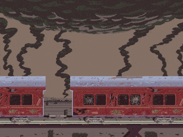 a pixel art drawing of a train with a broken window that says ' ii ' on it