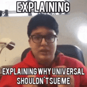 a man wearing glasses and a red hoodie is explaining why universal should n't sue me .