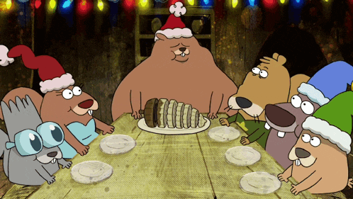 a group of cartoon animals wearing santa hats are sitting around a table eating food