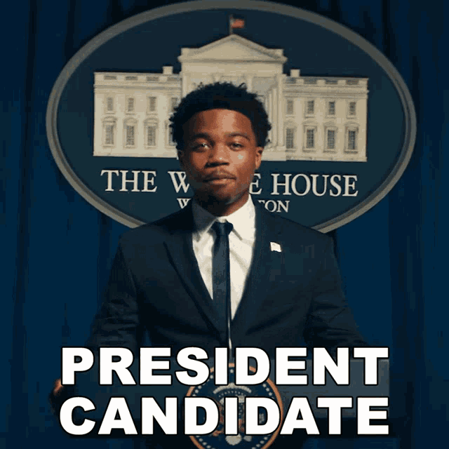 a man in a suit and tie is standing in front of a white house and says president candidate
