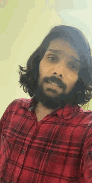 a man with long hair and a beard is wearing a red plaid shirt and taking a selfie .