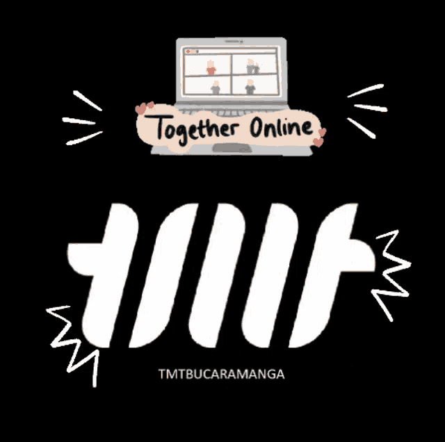 a black background with a laptop and the words together online on it