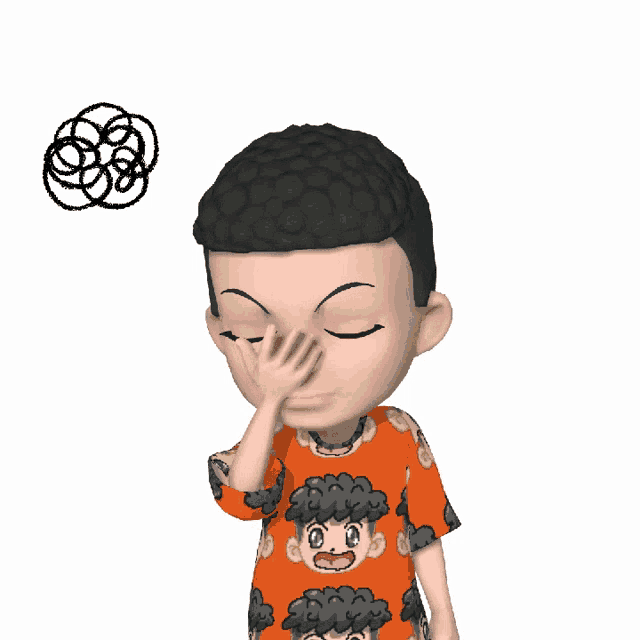 a cartoon character wearing an orange shirt with a sheep face on it
