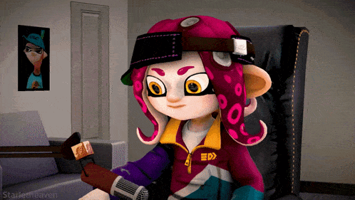 a cartoon character is sitting in a chair holding a microphone and wearing a headband that says starletheaven on it