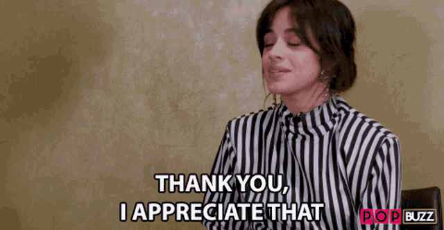 a woman in a striped shirt says " thank you , i appreciate that "