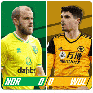 two soccer players one from norwich and the other from wolves are standing next to each other