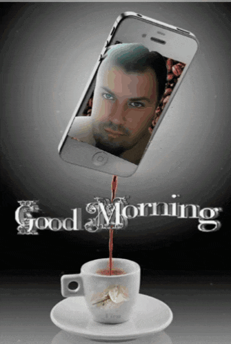 a phone with a picture of a man is pouring coffee into a cup with the words good morning below it