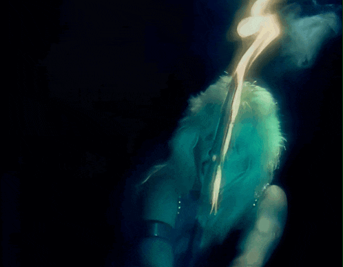 a painting of a woman in a blue dress with a light coming out of her neck
