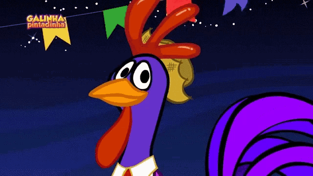 a cartoon of a purple rooster with the words galinha pintadinha on the bottom