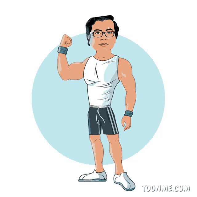 a cartoon of a man flexing his muscles with the website toonme.com behind him