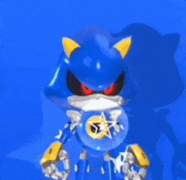 a blue robot with red eyes is standing on a blue background .