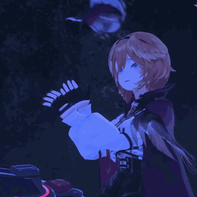 a girl in a red cape and white gloves stands in a dark room