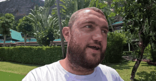 a man with a beard wearing a white shirt is standing in a park