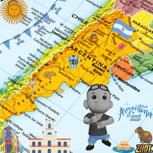 a map of argentina is shown with a cartoon character