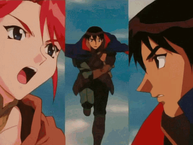 a collage of three anime characters including a girl with red hair and a man with black hair