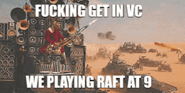 a man is playing a saxophone in front of a bunch of speakers in a desert .