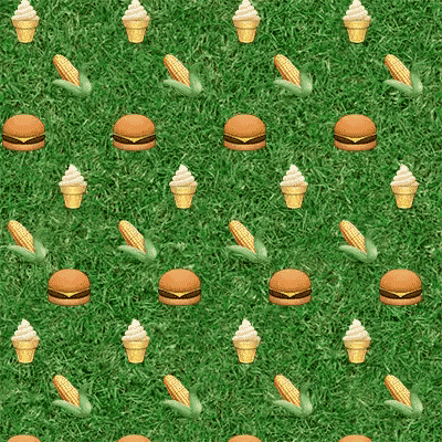 a pattern of hamburgers corn and ice cream cones on a lush green field