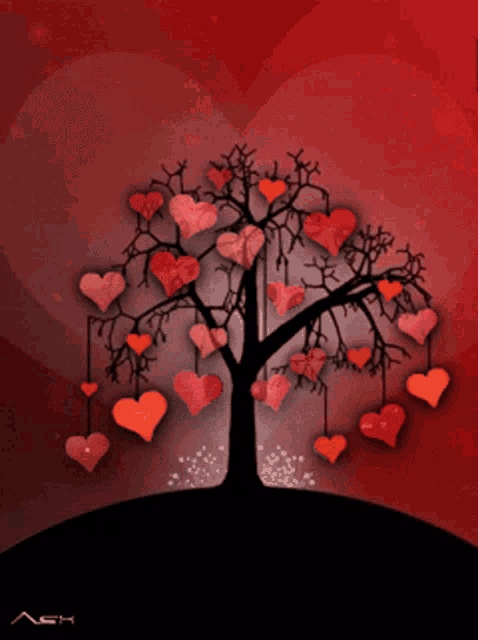 a tree with hearts hanging from the branches and the letters aeh on the bottom right