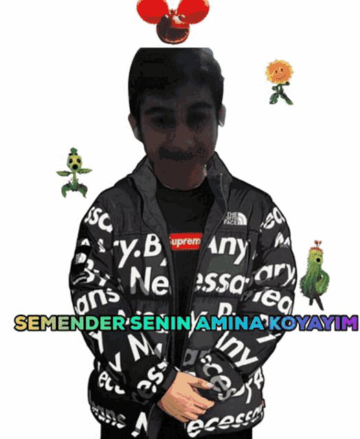 a man wearing a supreme jacket is surrounded by plants from plants vs zombies