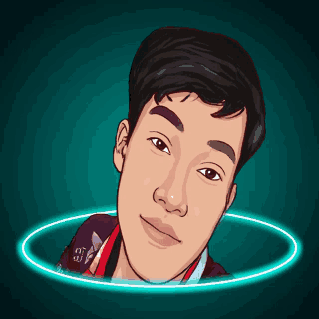 a cartoon drawing of a young man with a circle around his face
