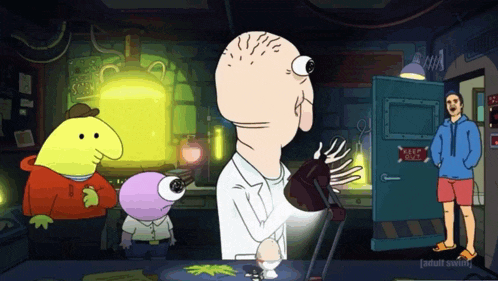 a group of cartoon characters are standing in a room with a sign that says keep quiet