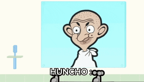 a cartoon character is holding a pair of scissors and says huncho on the bottom