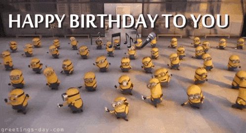 a group of minions are dancing in a room with the words happy birthday to you above them