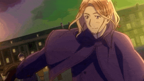 a man with blonde hair is wearing a purple coat