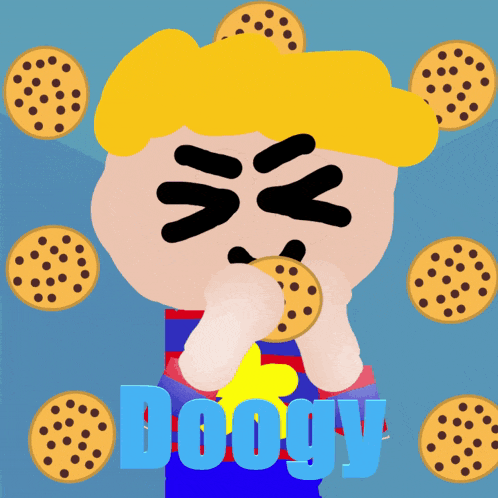 a cartoon of a boy eating a cookie with the word doogy in blue letters
