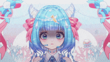 a drawing of a girl with blue hair and a fish on her head