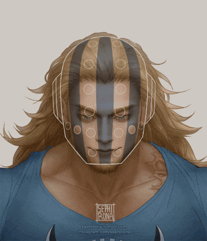a drawing of a man with circles painted on his face has the name sephi bona on the bottom