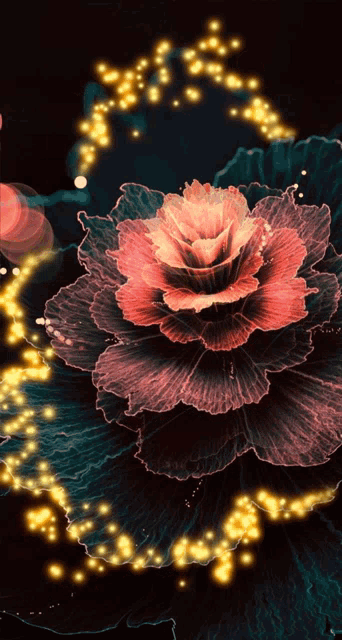 a painting of a flower with glowing lights surrounding it