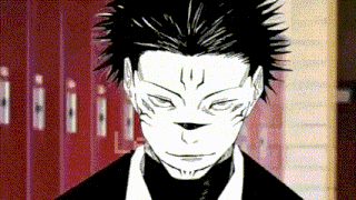 a black and white drawing of a man with spiky hair standing in front of red lockers .