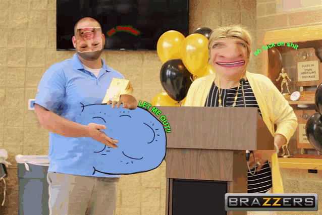 a woman stands at a podium with brazzers written on the bottom