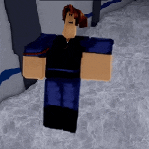 a cartoon character in a black shirt and blue pants is standing on a snowy surface .