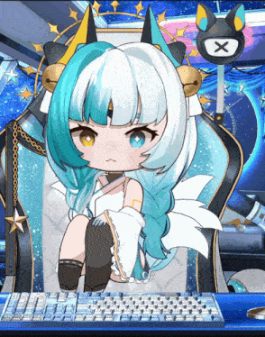 a girl with blue and white hair is sitting in front of a computer keyboard