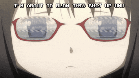 a close up of a girl 's face with the words i 'm about to blow this shit up uwu