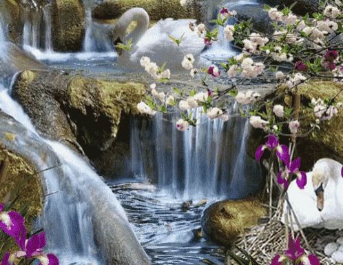 a waterfall with flowers and a swan in the middle