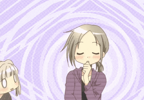 a cartoon of a girl with her eyes closed and a purple background