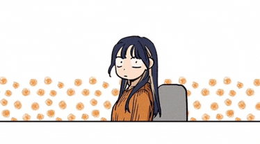 a cartoon of a woman sitting in a chair with a polka dot background behind her .