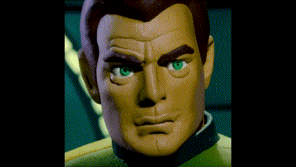 a close up of a cartoon character 's face with green eyes and brown hair