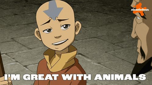 a cartoon of a boy with the words i 'm great with animals below him