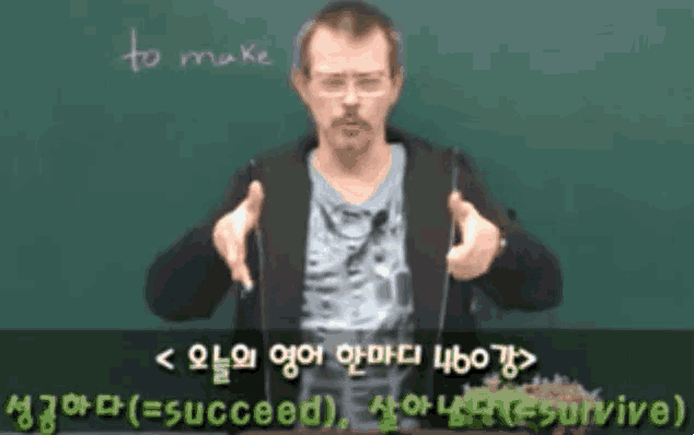 a man stands in front of a chalkboard with the word to make written on it