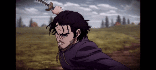 a man in a purple jacket is holding a sword