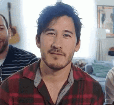 a man with a beard wearing a plaid shirt is sitting in a living room .