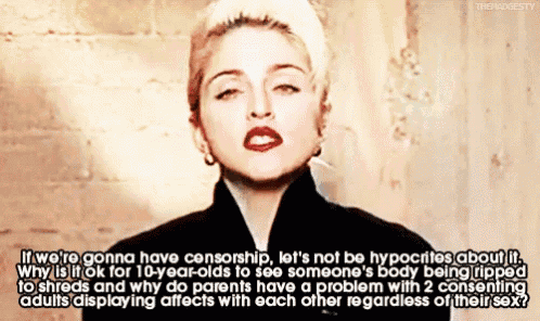 a woman is talking about censorship and why it is ok for 10 year olds to see someone 's body being ripped