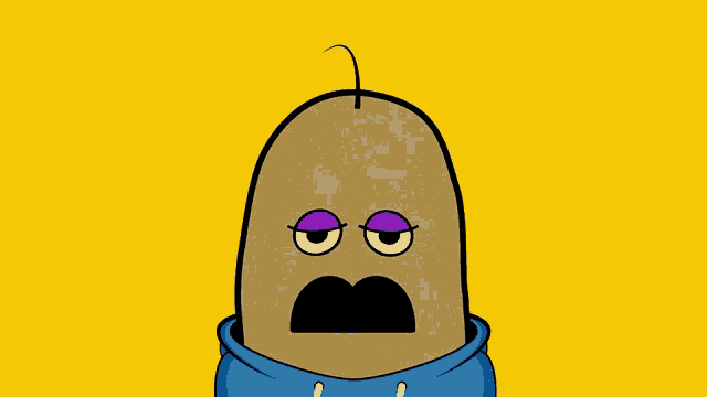 a cartoon drawing of a potato with purple eyes and a blue sweater