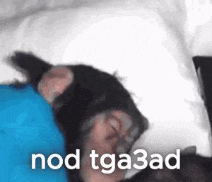 a monkey is sleeping on a blue pillow with the words nod tga3ad written on the bottom