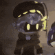 a cartoon character with a mask on his face is holding a knife in a dark room .